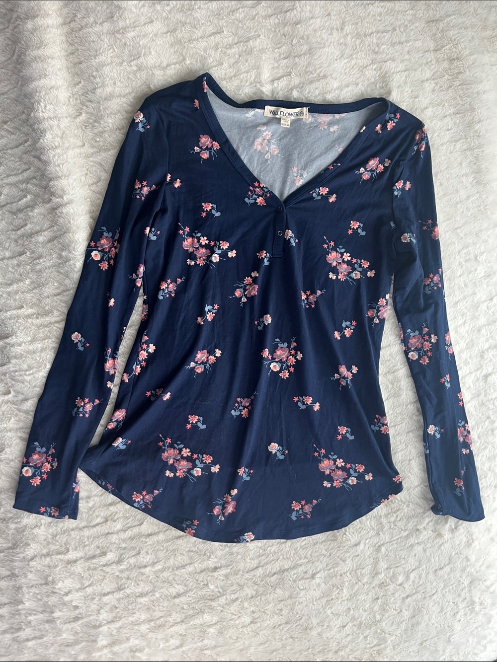 Wallflower Navy Long-Sleeve V-Neck Top with Pink Floral Print